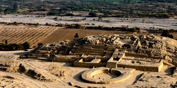 An aerial view of the "citadel" Pyramid of Caral. Image courtesy: peru.travel.