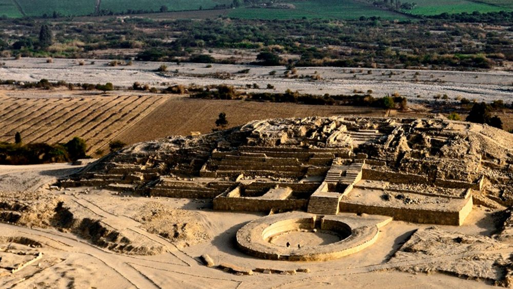 An aerial view of the "citadel" Pyramid of Caral. Image courtesy: peru.travel.