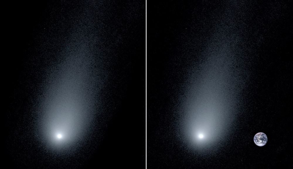 A comparative view of Comet Borisov and our planet. The comet is believed to be around 14 times the size of Earth. Image Credit: Pieter van Dokkum, Cheng-Han Hsieh, Shany Danieli, Gregory Laughlin.