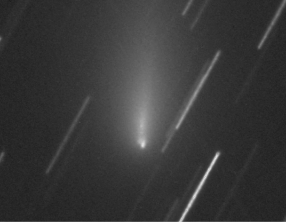 A close up image of Comet C/2019 Y4 Atlas. Several fragments are clearly visible in this image. The image was taken on April 14, 2020 by Gianluca Masi, Ceccano, Italy. Image Credit: The Virtual Telescope Project.