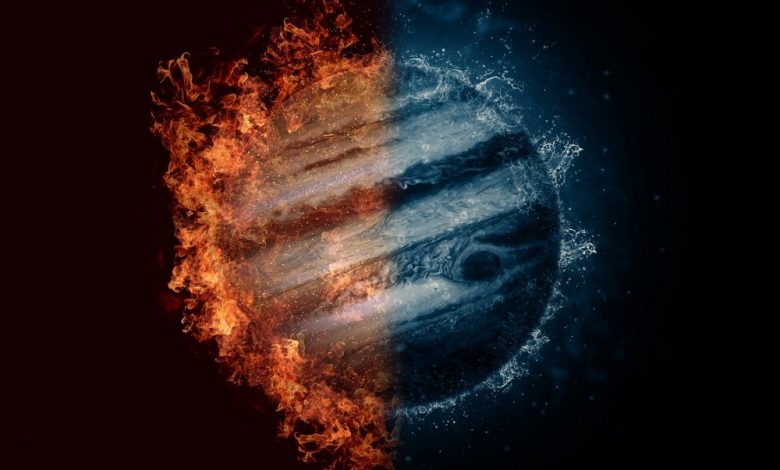 An artists rendering of Jupiter with elements of fire and water. Shutterstock.