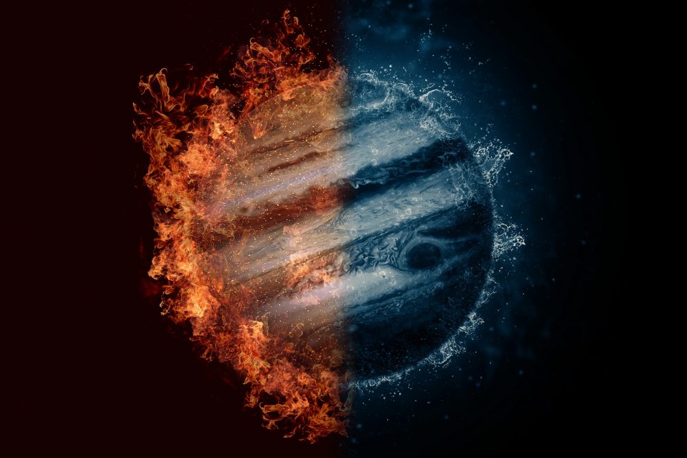 An artists rendering of Jupiter with elements of fire and water. Shutterstock.