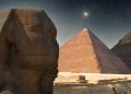 An image of the Sphinx, the Pyramid of Khafre, and the Great Pyramid of Giza in the middle. Shutterstock.