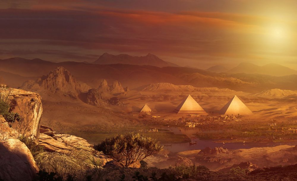 An artist's rendering of what the restored pyramids and Sphinx at Giza may have looked like in the past. Shutterstock / Curiosmos.