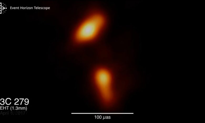 An image of the relativistic jet shooting out of a Black Hole. Image Credit: EHT / YouTube.