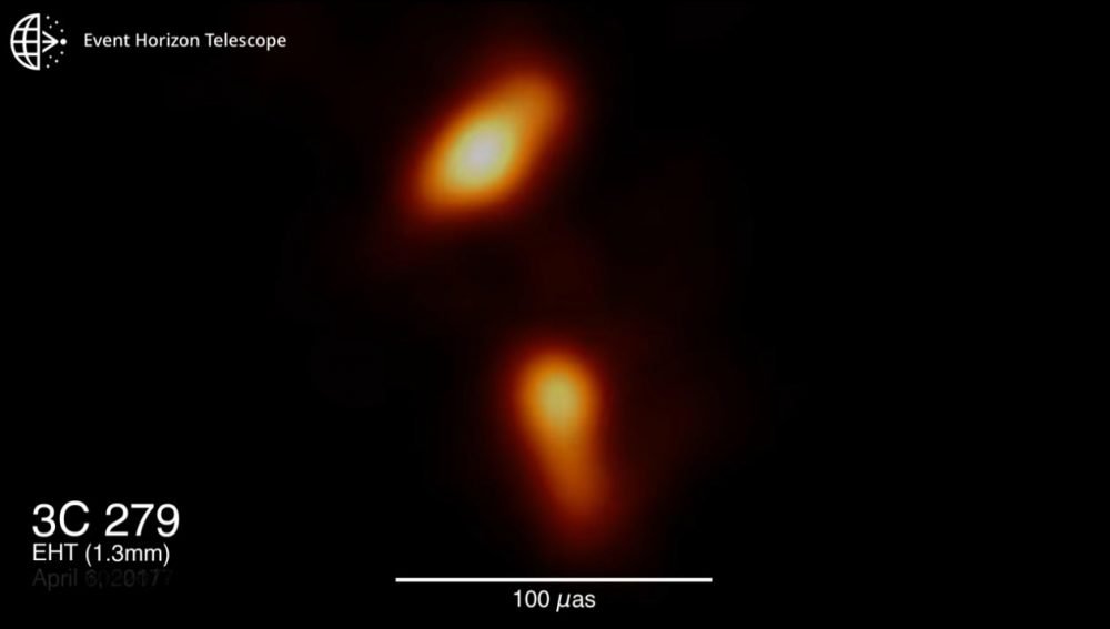 An image of the relativistic jet shooting out of a Black Hole. Image Credit: EHT / YouTube.