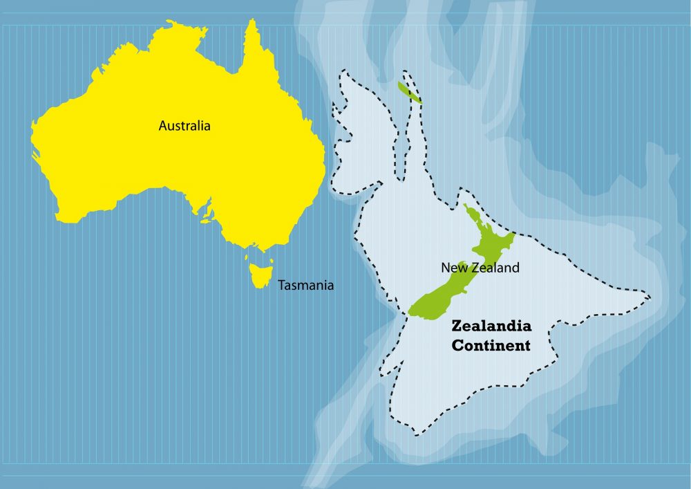 Zealandia: Secrets of Earth's Long-Lost Seventh Continent Located Mostly Beneath the Ocean. Shutterstock.