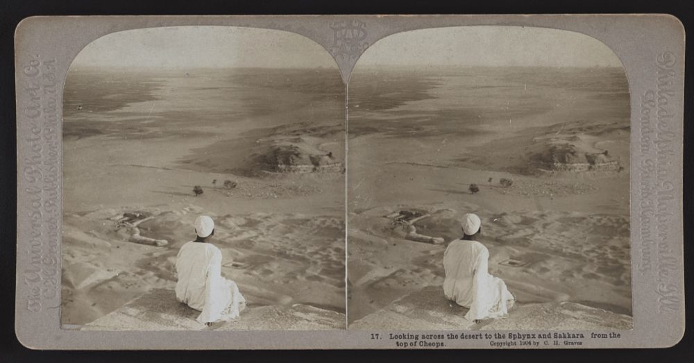 Looking across the desert to the Sphinx and Saqqara from the top of the Great Pyramid of Giza. Image Credit: Graves, C. H. (Carleton H.), -1943. Library of Congress.