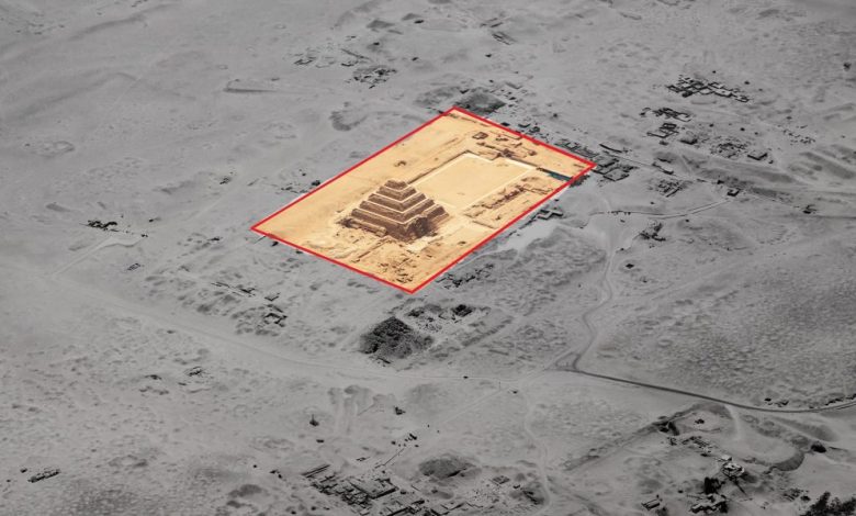 An aerial view of the Step Pyramid with Djoser's pyramid complex outlined in red. Shutterstock / Curiosmos.