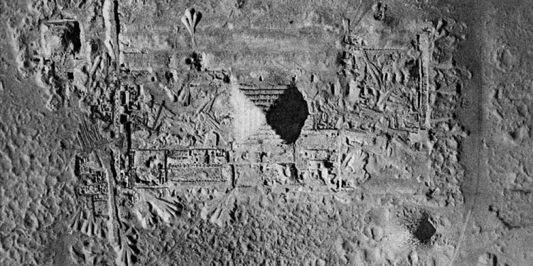 Aerial view of the Step Pyramid complex and the Saqqara Royal Necropolis in Egypt.