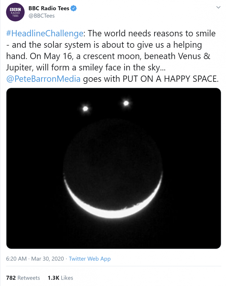 A screenshot of a Tweet published by the BBC claiming that the Mon, Venus and Jupiter will lign up in the night sky to form a smiley face on May 16, 2020. Image Credit: Twitter / Curiosmos.