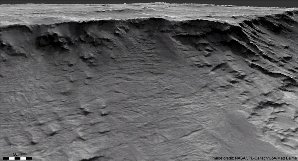 Channel-forms preserved in sedimentary strata in the Hellas Basin on Mars. Image Credit: HiRISE.