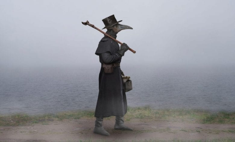 An illustration of a creepy Black Plague Doctor's outfit.