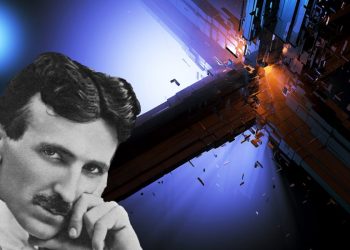 An artists rendering of Nikola Tesla and his Death Ray device. Shutterstock / Curiosmos.