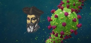 An artist's illustration of the COVID-19 virus and Nostradamus. Shutterstock.