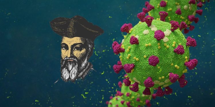 An artist's illustration of the COVID-19 virus and Nostradamus. Shutterstock.