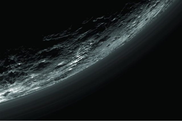 An image of haze layers above Pluto’s limb taken by the Ralph/Multispectral Visible Imaging Camera (MVIC). Image Credit: New Horizons.