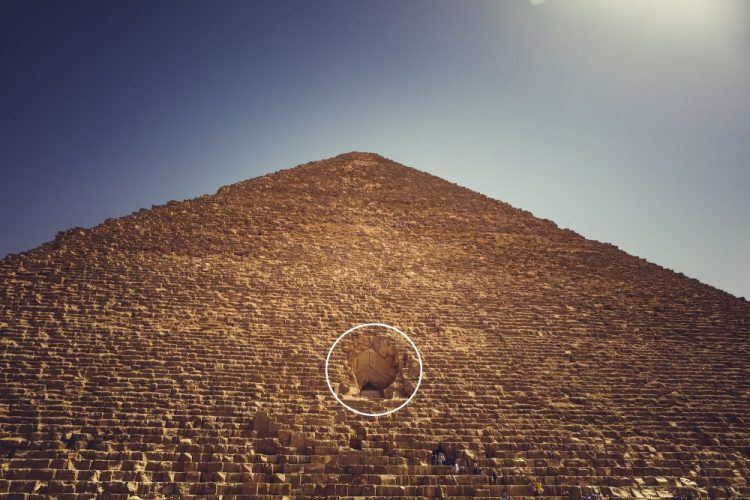 The entrance to the Great Pyramid of Giza circled in white. Shutterstock.