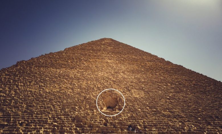 The entrance to the Great Pyramid of Giza circled in white. Shutterstock.