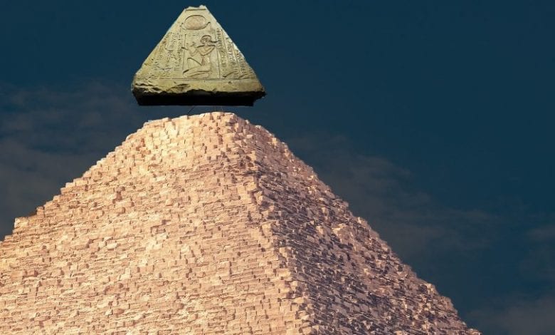 An image of the Great Pyramid of Giza and what its capstone may have looked like. Shutterstock.