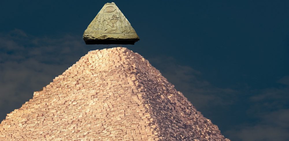 An image of the Great Pyramid of Giza and what its capstone may have looked like. Shutterstock.