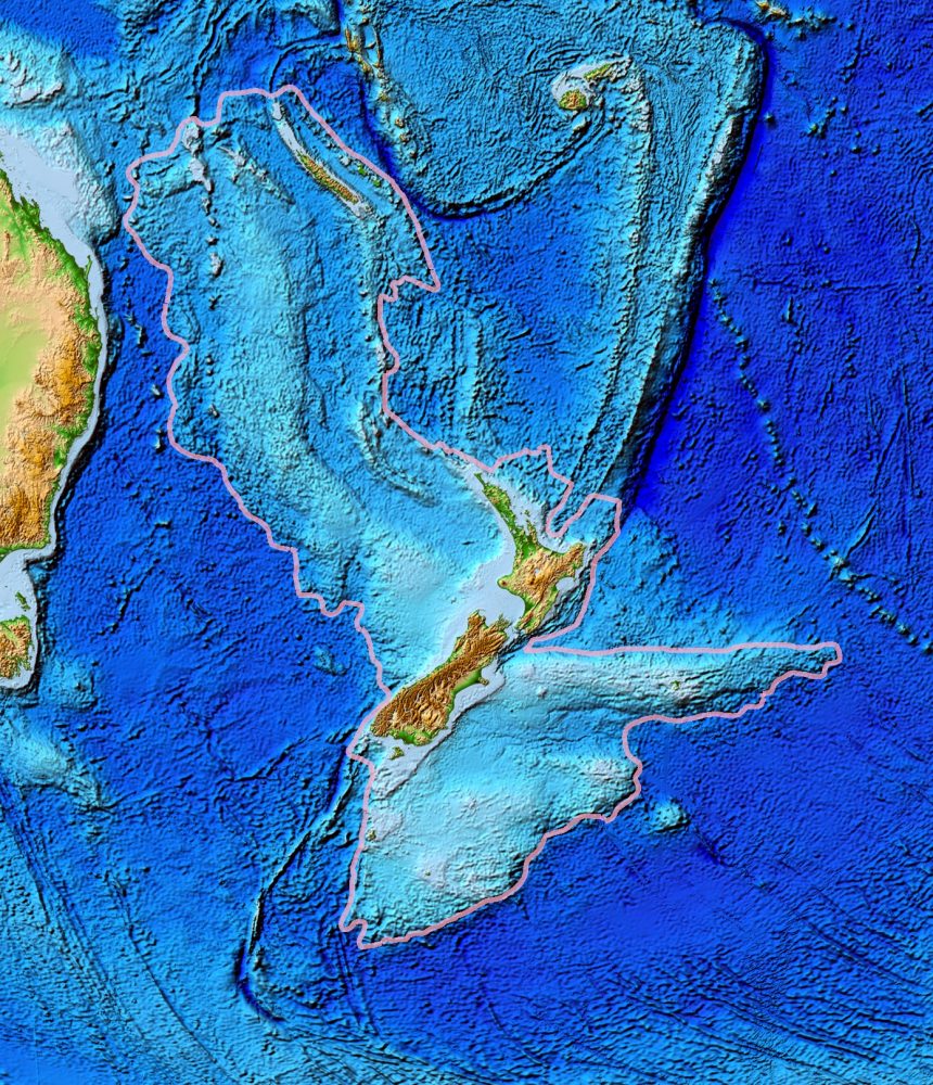 A map showing the topography of Zealandia. Image Credit: Wikimedia Commons / Public Domain.