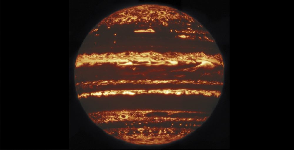 This image shows the entire dis of Jupiter in infrared. It was compiled from nine separate pointing by the International Gemini Observatory. Image Credit: (International Gemini Observatory/NOIRLab/NSF/AURA M.H. Wong & team/Mahdi Zamani).
