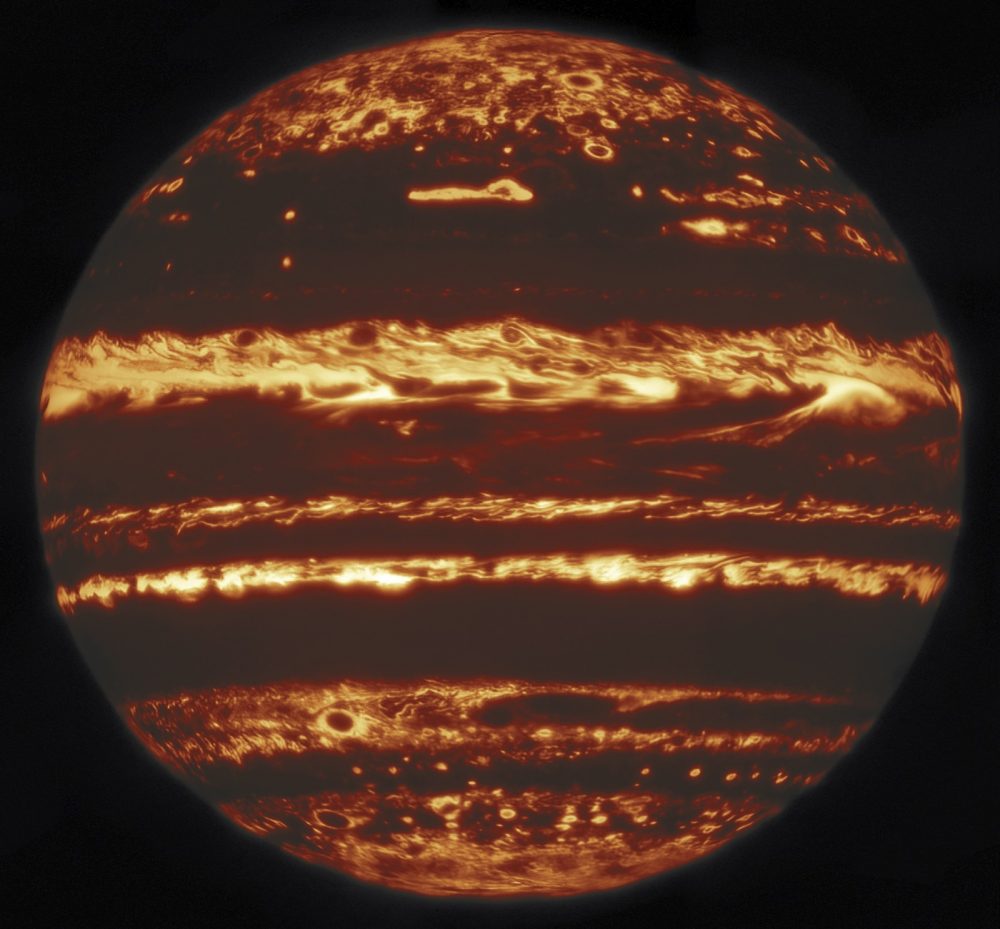 An image of Jupiter showing the entire disk of the gas giant in infrared light. The image was compiled from a mosaic of nine separate pointings observed by the international Gemini Observatory. Image Credit: International Gemini Observatory/NOIRLab/NSF/AURA, M.H. Wong (UC Berkeley) and team Acknowledgments: Mahdi Zamani.