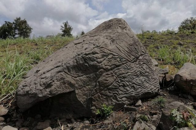 An image of the stone map carved on the volcanic rock. Image Credit: INAH.