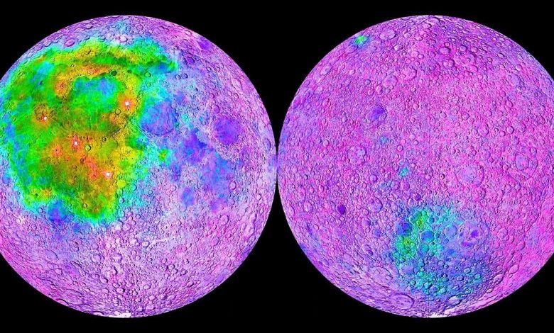 Thorium concentrations on the Moon, as mapped by Lunar Prospector. Thorium correlates with the location of KREEP. Image Credit: Wikimedia Commons.