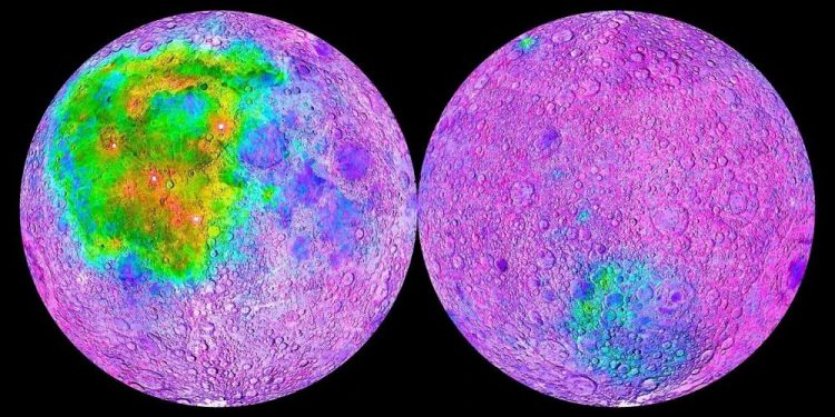 Thorium concentrations on the Moon, as mapped by Lunar Prospector. Thorium correlates with the location of KREEP. Image Credit: Wikimedia Commons.