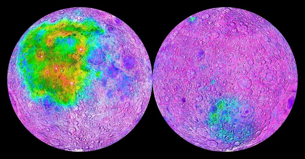 Nồng độ Thorium trên Mặt trăng, được lập bản đồ bởi Lunar Prospector.  Thorium tương quan với vị trí của KREEP.  Tín dụng hình ảnh: Wikimedia Commons.