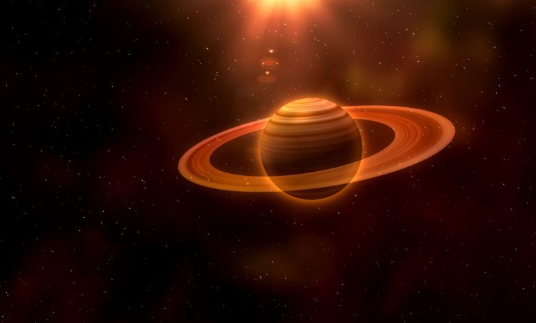 An artists rendering of a planet with rings. Storyblock.