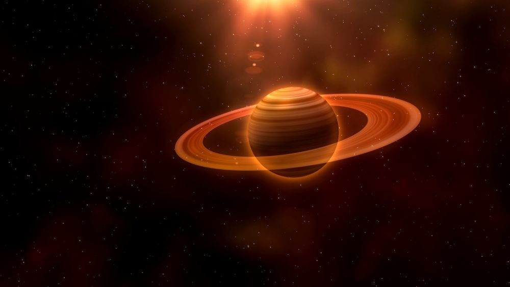 An artists rendering of a planet with rings. Storyblock.