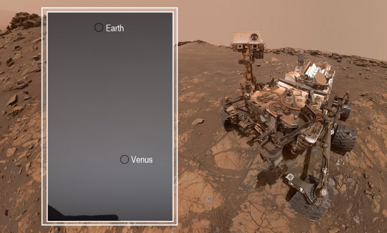 An image of the Curiosity Rover and Earth and Venus as seen from Mars. Image Credit: NASA.