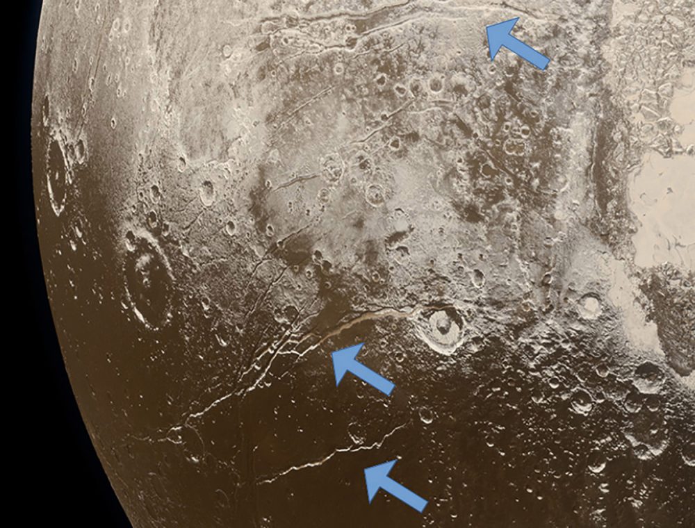 Extensional faults (arrows) on the surface of Pluto indicate expansion of the dwarf planet’s icy crust, attributed to freezing of a subsurface ocean. (Image credit: NASA/Johns Hopkins University Applied Physics Laboratory/Southwest Research Institute/Alex Parker).