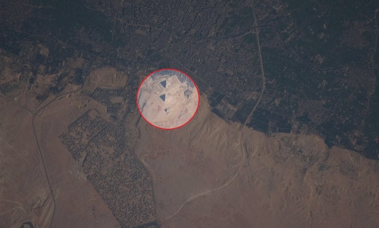 A view of the Pyramids of Giza as seen from space. Image Credit: NASA.