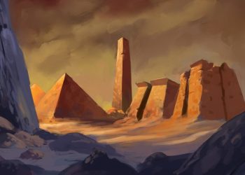 An artist's illustration of an ancient city, temple and pyramid. Shutterstock.