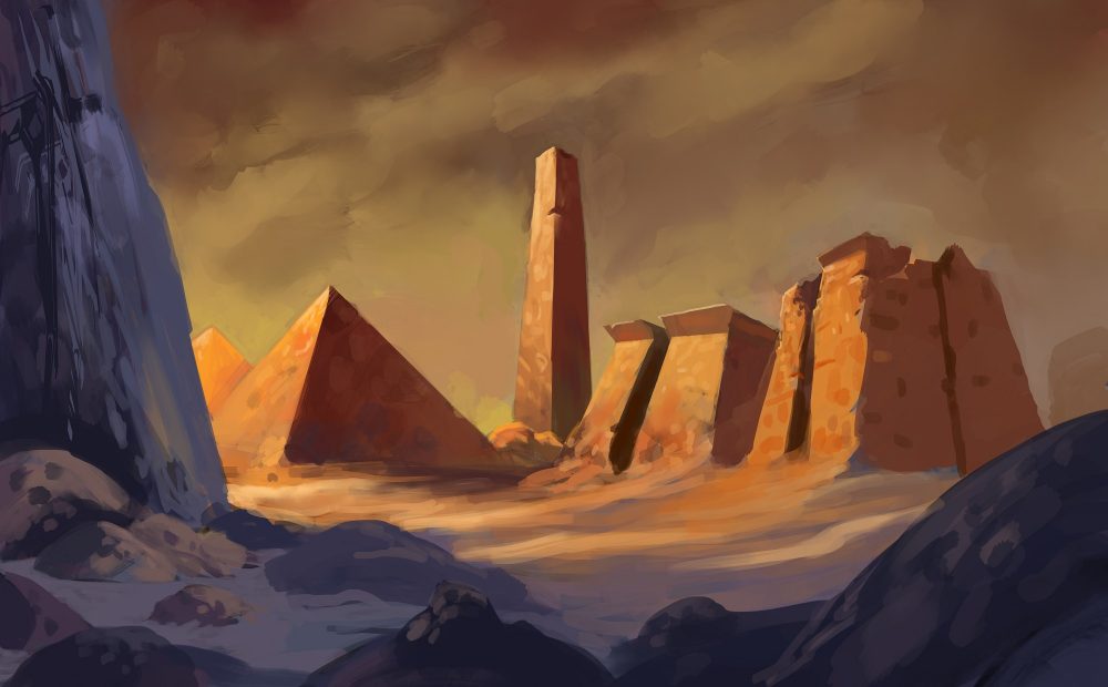 An artist's illustration of an ancient city, temple and pyramid. Shutterstock.