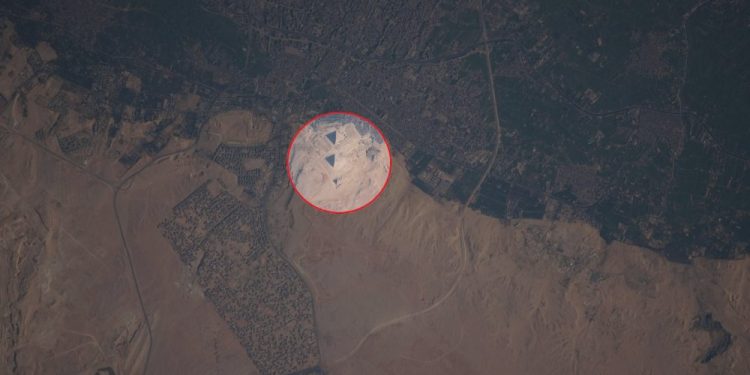 A view of the Pyramids of Giza as seen from space. Image Credit: NASA.