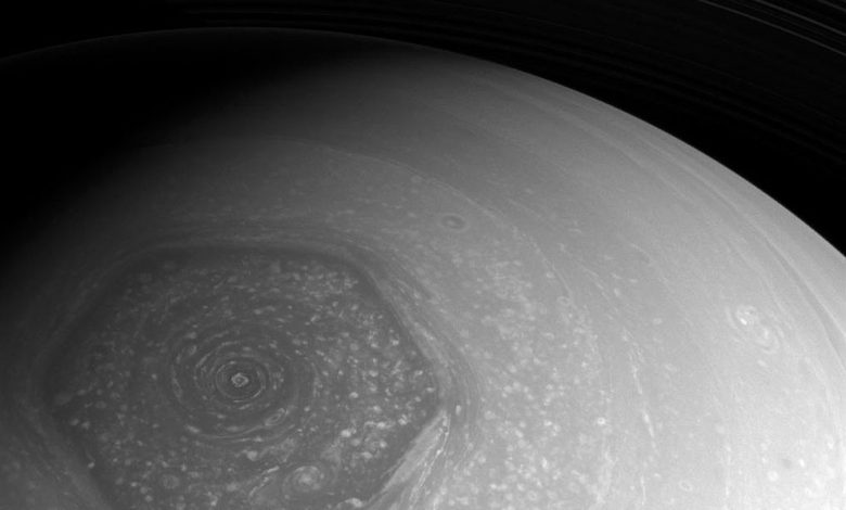 A view of Saturn's mysterious hexagon. Image Credit: NASA.