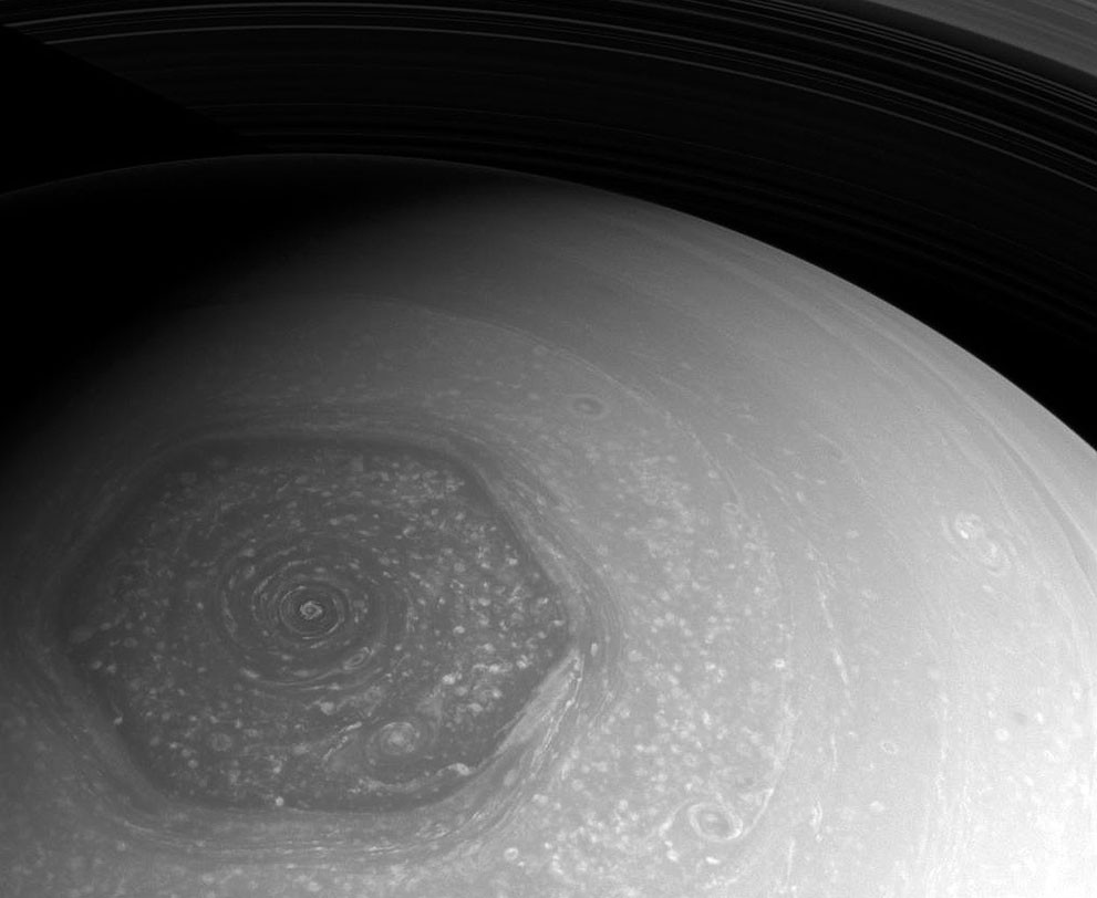 A view of Saturn's mysterious hexagon. Image Credit: NASA.