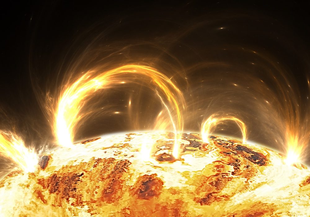 An artists rendering of stars and solar flares. Shutterstock.