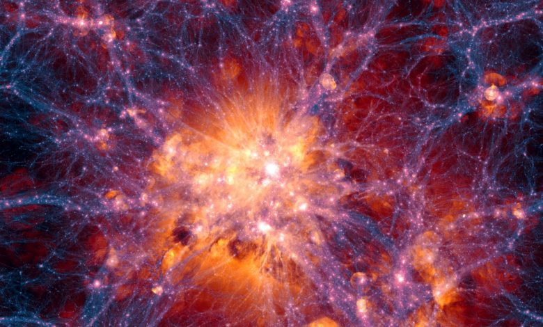 This very detailed simulation of large scale structure was created as part of the Illustris simulation. Image Credit: Illustris Collaboration.