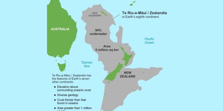 A map showing the countries of Australia, New Caledonia and New Zealand, as well as the continent of Zealandia, Earth's eighth continent.