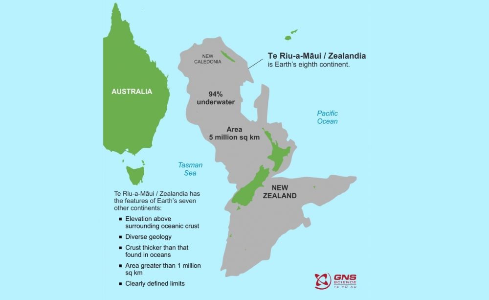 A map showing the countries of Australia, New Caledonia and New Zealand, as well as the continent of Zealandia, Earth's eighth continent.