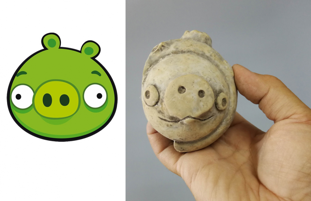 An image showing the recently discovered figurine and the character from the popular game angry birds. Image Credit: Twitter.