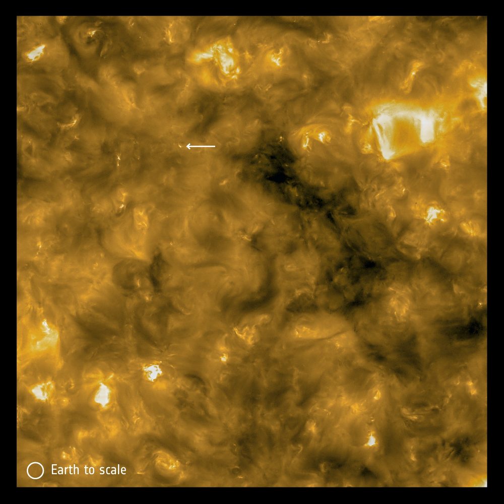 This image shows a close-up image of the Sun's surface and one of the newly-found "campfires." Image Credit: Solar Orbiter/EUI Team/ESA & NASA; CSL, IAS, MPS, PMOD/WRC, ROB, UCL/MSSL.