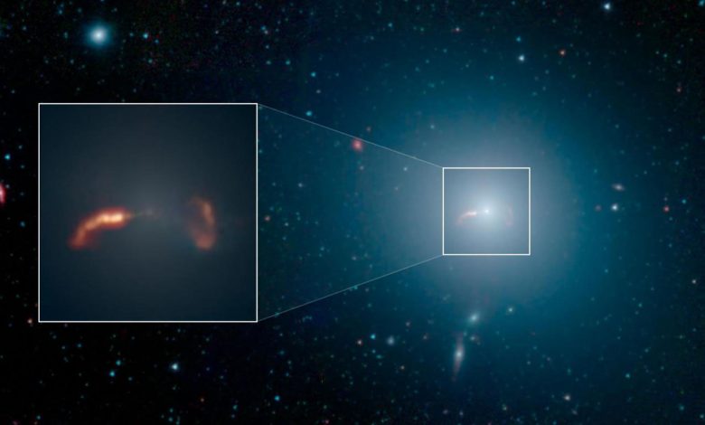 An image and close-up image by the Spitzer telescope showing the M87 Galaxy. Image Credit: NASA/JPL-Caltech/IPAC/Event Horizon Telescope Collaboration.