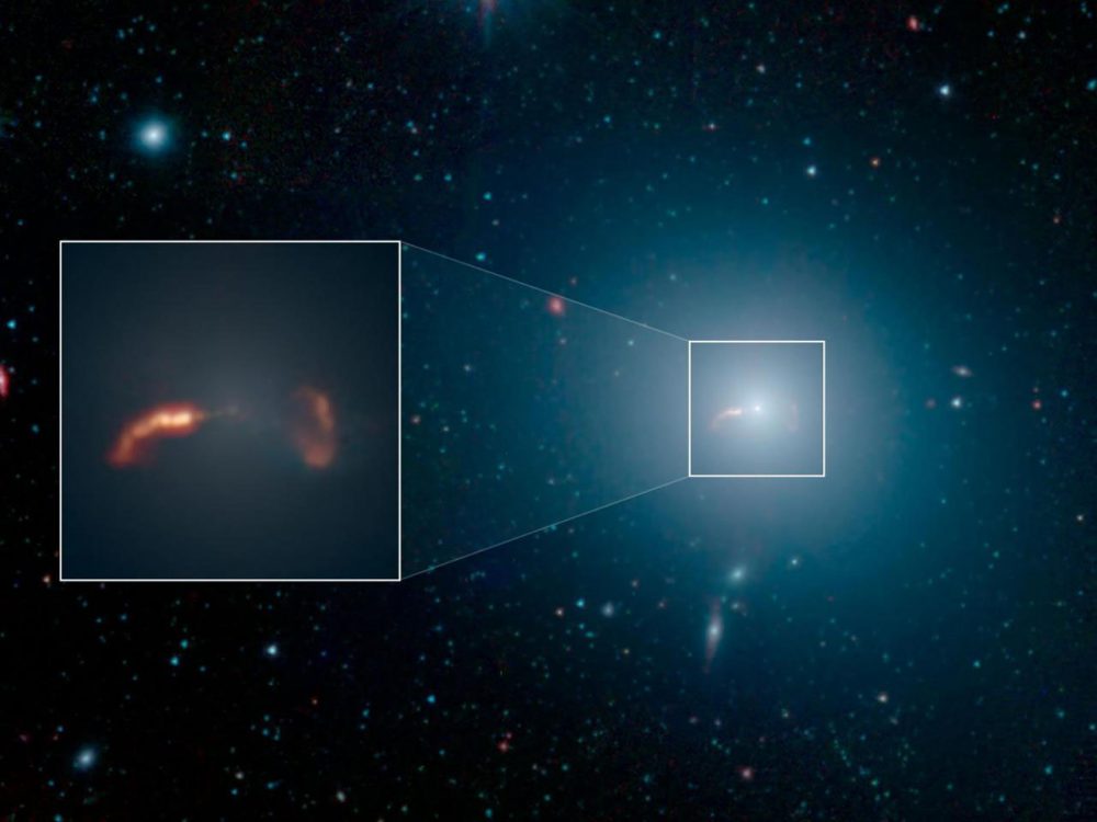 An image and close-up image by the Spitzer telescope showing the M87 Galaxy. Image Credit: NASA/JPL-Caltech/IPAC/Event Horizon Telescope Collaboration.